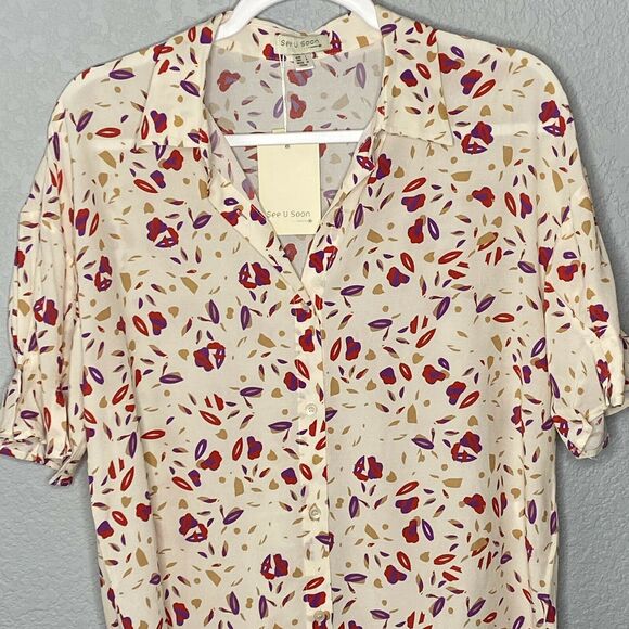 See U Soon Off White Ecru Print Button Down Short Sleeve Blouse Size Small - Picture 2 of 7